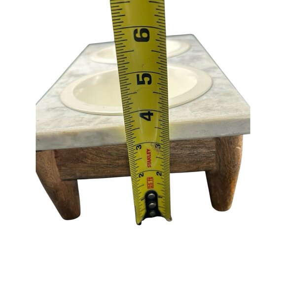 Elevated Pet Feeder x 2 Enamel Bowl Set Oak Hard Wood Base Marble Top Dog Cat - Picture 8 of 14